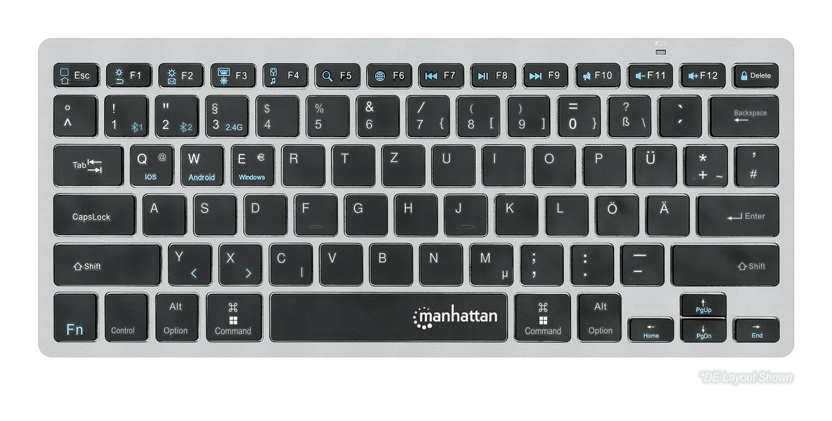 Manhattan Ultra Slim Dual-Mode Wireless Keyboard, German Quertz layout, Bluetooth (v3.0) and Wireless (2.4GHz), 78 low profile scissor keys, Auto Power Management, Range 10m, USB-A Micro Receiver, AAA Battery (included), Windows and Mac, Three Year...