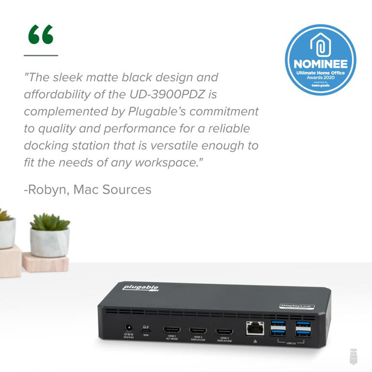 Plugable Technologies UD-3900PDZ laptop dock/port replicator Docking USB 3.2 Gen 1 (3.1 Gen 1) Type-C Black