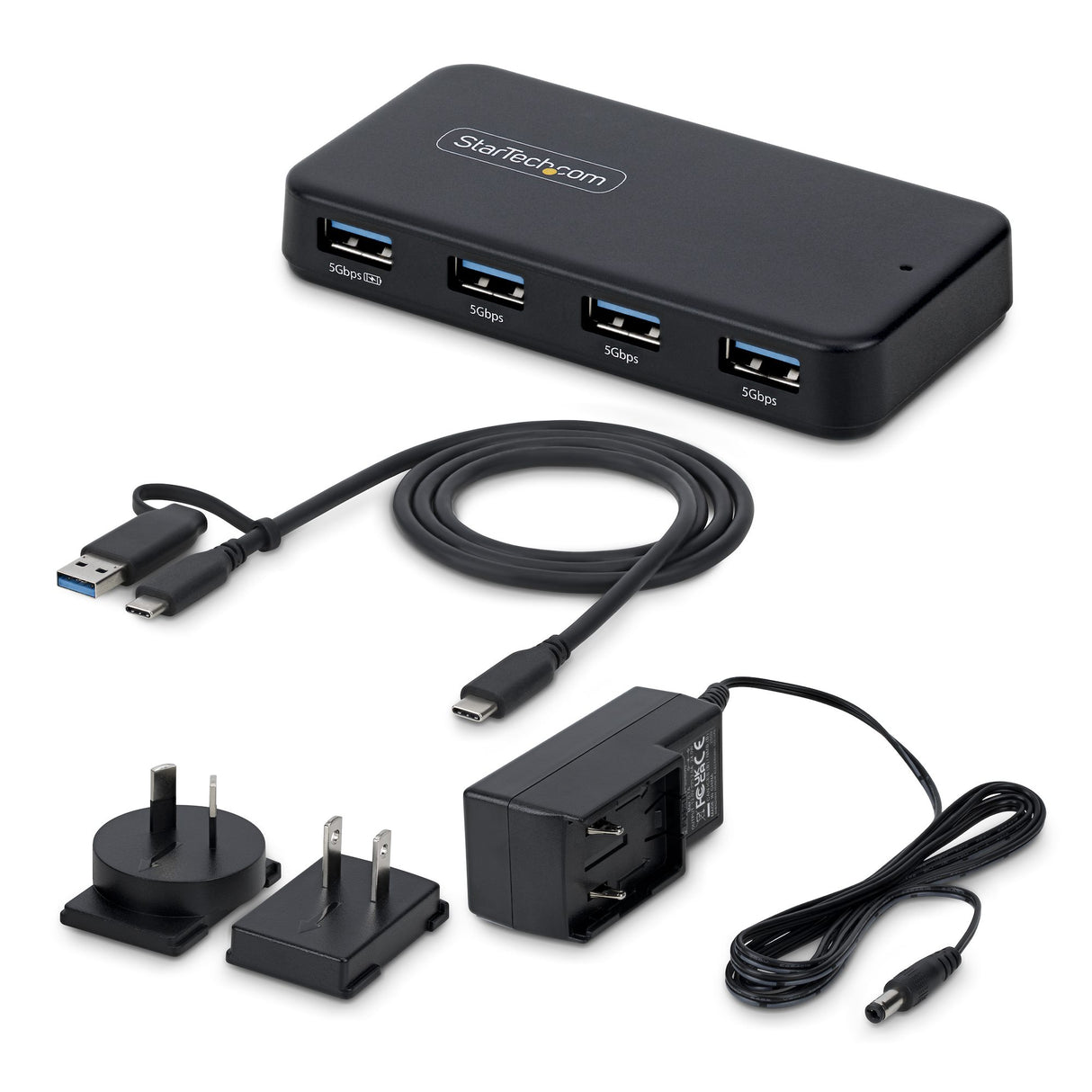 StarTech.com 4-Port USB-A Hub, 5Gbps, Self-Powered, 2-in-1 USB-C and USB-A Host Cable, 1x BC 1.2 Charging Port, 24W Power Adapter Included, MacBook and Windows