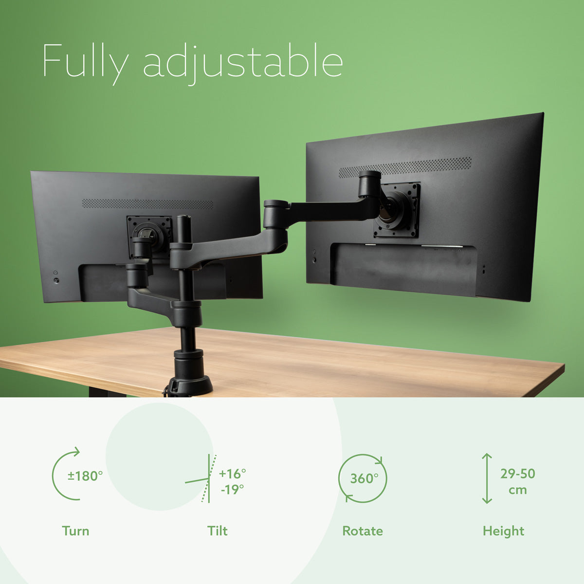 R-Go Tools Monitor arm R-Go Zepher Dual, for two monitors, fully adjustable, 0- 8 kg load capacity, 100% circular, black