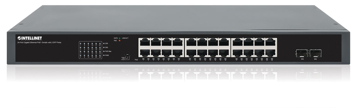 Intellinet 24-Port Gigabit Ethernet PoE+ Switch with 2 SFP Ports IEEE 802.3at/af (PoE+/PoE) Compliant, 370 W PoE Power Budget, Two 1G SFP Open Slots, Self-Healing Network, 19" Rackmount