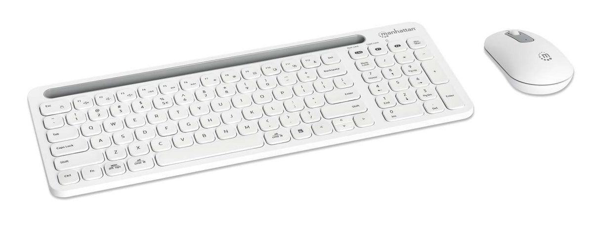 Manhattan Both Devices Support Bluetooth® 5.0 and 2.4 GHz Wireless, One Single USB-A Nano Receiver for Both, Sleek Wireless Keyboard with 12 Multimedia/Function Keys, Ambidextrous Optical Mouse with Three Buttons and Scroll Wheel, 1200 dpi, White