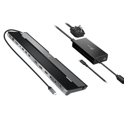 j5create JCD543P USB-C® Triple Display Docking Station with 100W PD Adapter - UK, Silver and Black