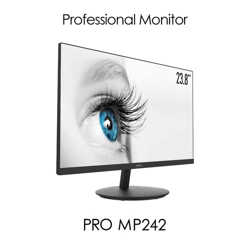 MSI Pro MP242 23.8 Inch Monitor, Full HD (1920 x 1080), 75Hz, IPS, 5ms, HDMI, VGA, Built-in Speakers, Anti-Glare, Anti-Flicker, Less Blue light, TÜV Certified, VESA, Kensington, Black