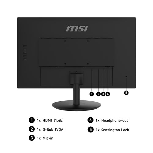 MSI Pro MP242 23.8 Inch Monitor, Full HD (1920 x 1080), 75Hz, IPS, 5ms, HDMI, VGA, Built-in Speakers, Anti-Glare, Anti-Flicker, Less Blue light, TÜV Certified, VESA, Kensington, Black