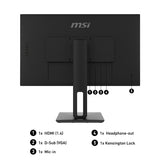 MSI Pro MP271P 27 Inch Monitor with Adjustable Stand, Full HD (1920 x 1080), 75Hz, IPS, 5ms, HDMI, VGA, Built-in Speakers, Anti-Glare, Anti-Flicker, Less Blue light, TÜV Certified, VESA, Kensington, Black