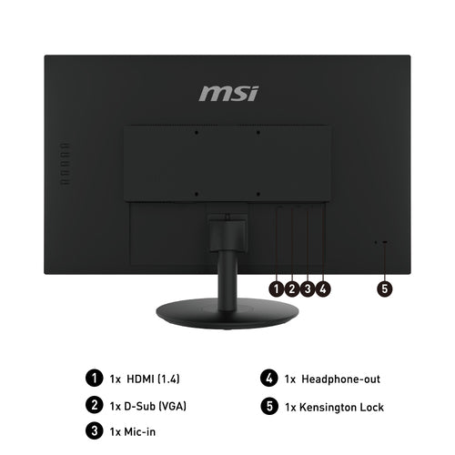MSI Pro MP271 27 Inch Monitor, Full HD (1920 x 1080), 75Hz, IPS, 5ms, HDMI, VGA, Built-in Speakers, Anti-Glare, Anti-Flicker, Less Blue light, TÜV Certified, VESA, Kensington, Black