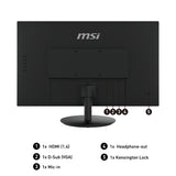 MSI Pro MP271 27 Inch Monitor, Full HD (1920 x 1080), 75Hz, IPS, 5ms, HDMI, VGA, Built-in Speakers, Anti-Glare, Anti-Flicker, Less Blue light, TÜV Certified, VESA, Kensington, Black