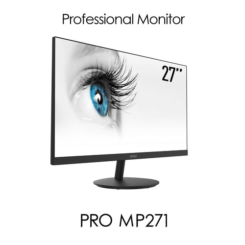 MSI Pro MP271 27 Inch Monitor, Full HD (1920 x 1080), 75Hz, IPS, 5ms, HDMI, VGA, Built-in Speakers, Anti-Glare, Anti-Flicker, Less Blue light, TÜV Certified, VESA, Kensington, Black