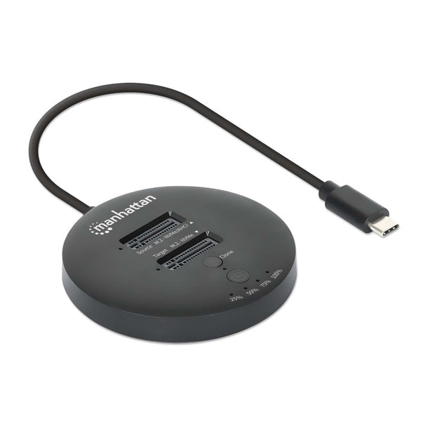 Manhattan Dual-Bay M.2 NVMe SSD Clone Station, Drive Dock for Duplication or Access, Integrated USB-C Cable, 10 Gbps SuperSpeed+ USB (USB 3.2 Gen 2), For 2230/2242/2260/2280/22110 SSDs with M Key or B+M Key, Black