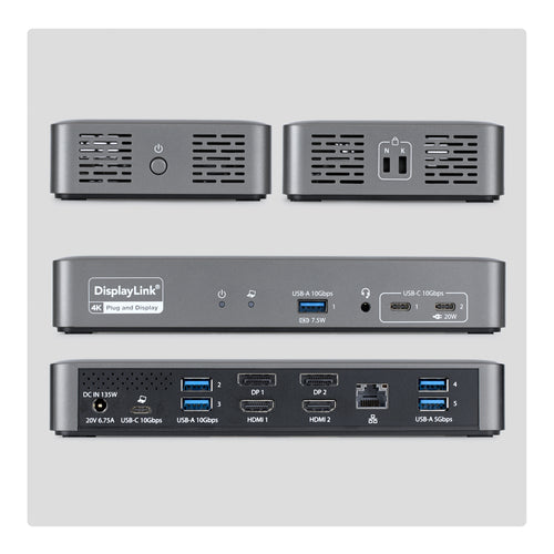 StarTech.com Dual-Monitor USB-C Docking Station, 4K 60Hz, HDMI or DisplayPort, 96W Laptop Charging, Gigabit Ethernet, Universal Smart Dock for Windows and macOS