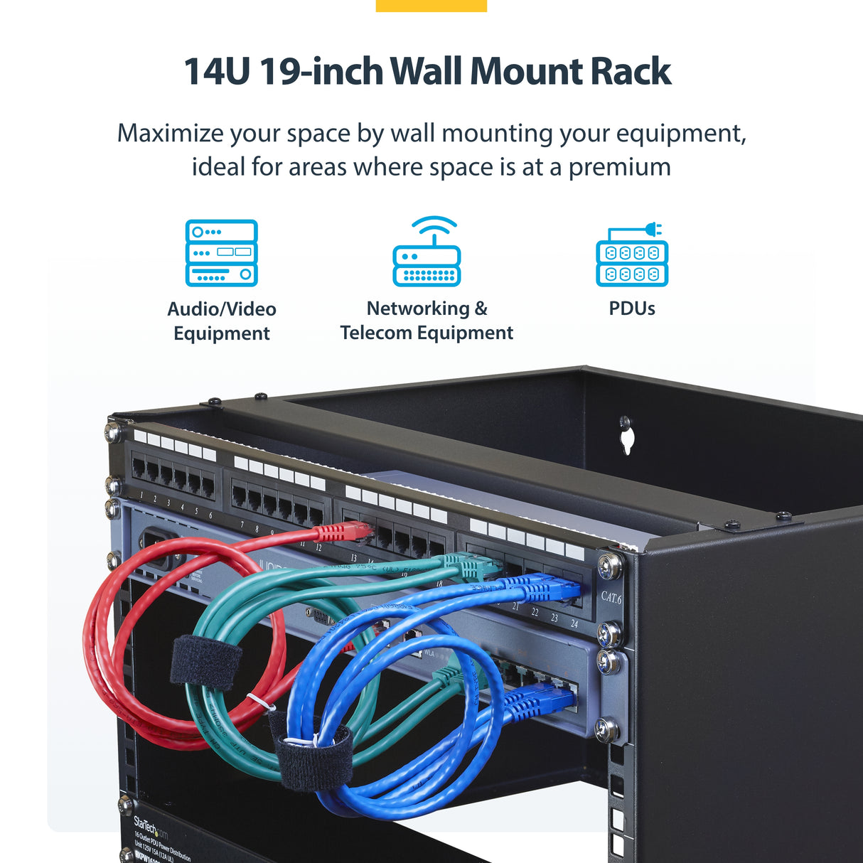 StarTech.com 14U Wall Mount Network Rack - 14" (35.5cm) Deep (Low Profile) - 19" Patch Panel Bracket for Shallow Server, IT Equipment, Network Switches - 77lbs/35kg Weight Cap., Black