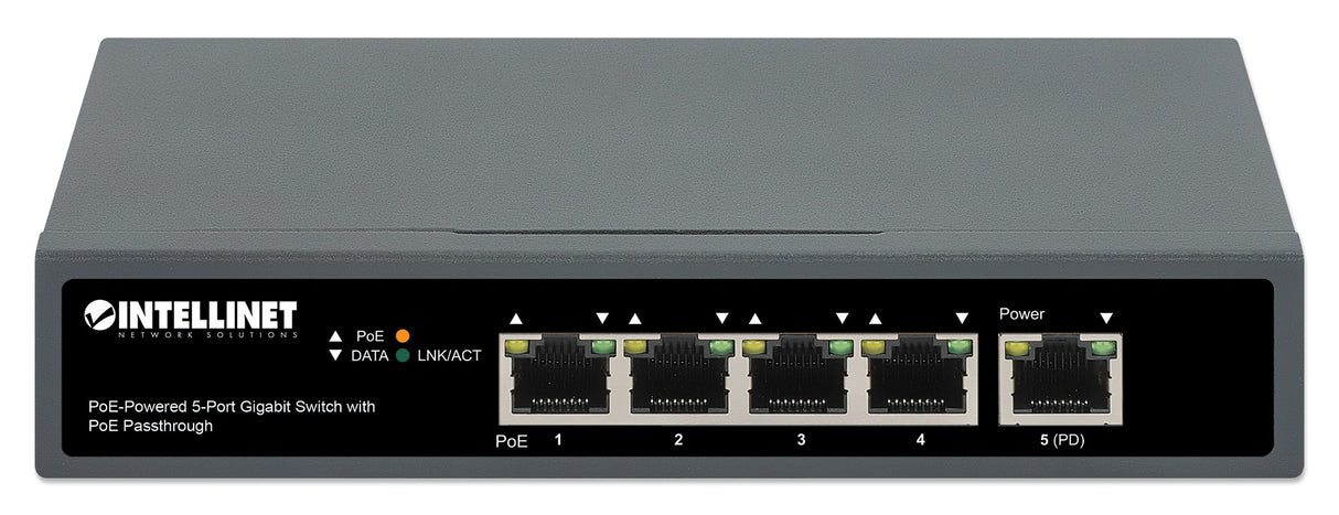 Intellinet 5-Port Gigabit Switch with PoE Passthrough, One IEEE 802.3bt (PoE++ / 4PPoE) PD PoE Port with 95 W Power Input, Four PSE PoE ports, PoE Power Budget up to 65 W, IEEE 802.3at/af Compliant Output, Desktop, Wall-mount Option