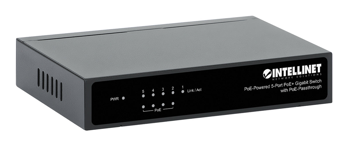 Intellinet 5-Port Gigabit Switch with PoE Passthrough, 4 x PSE PoE ports, 1 x PD PoE port, IEEE 802.3at/af Power-over-Ethernet (PoE+/PoE), IEEE 802.3az Energy Efficient Ethernet, Desktop
