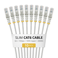 StarTech.com 6in Gray Slim CAT6 Cable, 10 Pack, Snagless, 100W PoE, UTP, LSZH, 28AWG Pure Bare Copper Wire, Slim RJ45 Network Patch Cord w/Strain Reliefs, Individually Tested