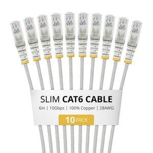 StarTech.com 6in Gray Slim CAT6 Cable, 10 Pack, Snagless, 100W PoE, UTP, LSZH, 28AWG Pure Bare Copper Wire, Slim RJ45 Network Patch Cord w/Strain Reliefs, Individually Tested