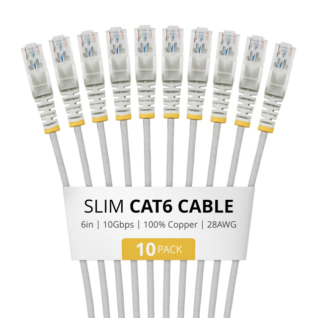 StarTech.com 6in Gray Slim CAT6 Cable, 10 Pack, Snagless, 100W PoE, UTP, LSZH, 28AWG Pure Bare Copper Wire, Slim RJ45 Network Patch Cord w/Strain Reliefs, Individually Tested