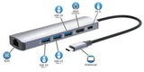 Manhattan USB-C Dock/Hub, Ports (x6): Ethernet, HDMI, USB-A (x3) and USB-C, with Power Delivery (PD) 100W- requires external USB-C charger (not included). USB powered (no external power supply required) when PD is not in use
