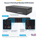 StarTech.com Secure 4-Port Dual-Monitor KVM Switch, DisplayPort, 4K 60Hz, NIAP 4.0 Desktop KVM, Metal Housing, Made in the USA