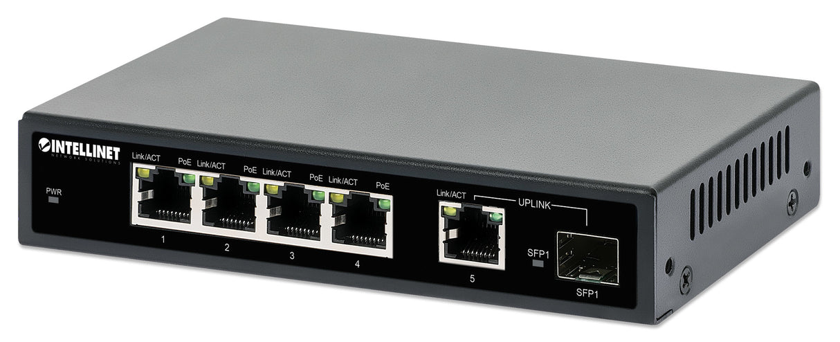 Intellinet 5-Port Gigabit Ethernet PoE+ Switch with SFP Port, Four PSE PoE Ports, IEEE 802.3at/af (PoE+/PoE) Compliant, PoE Power Budget of 91 W, Desktop Format, Wall-mount Option