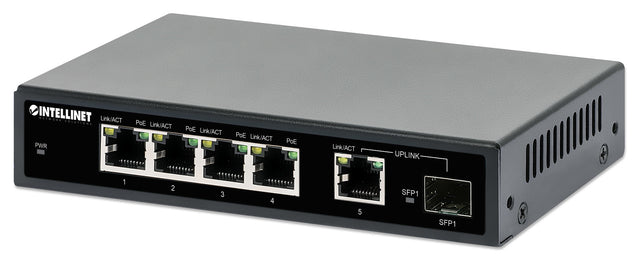 Intellinet 5-Port Gigabit Ethernet PoE+ Switch with SFP Port, Four PSE PoE Ports, IEEE 802.3at/af (PoE+/PoE) Compliant, PoE Power Budget of 91 W, Desktop Format, Wall-mount Option