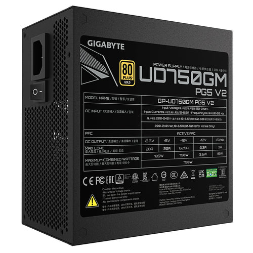 GIGABYTE UD750GM PG5 V2 Power Supply Unit- PCIe Gen 5.1, 80 PLUS Gold, Fully Modular Design, 120mm Fan, ATX 3.1 compatible, EU Plug