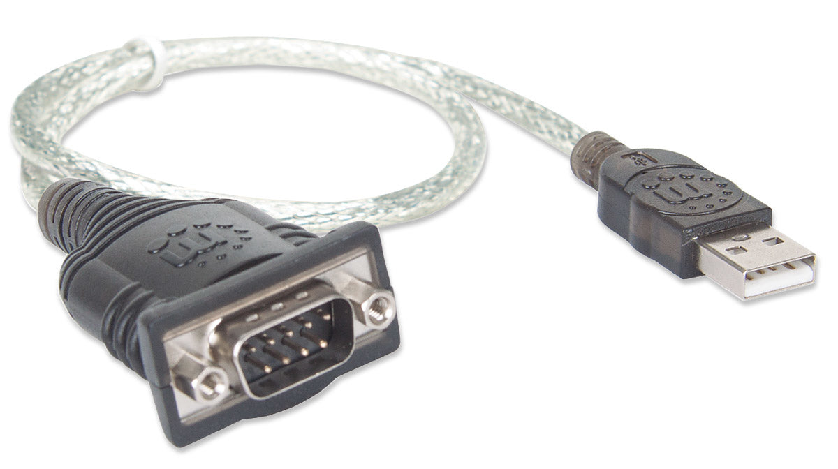 Manhattan USB-A to Serial Converter cable, 45cm, Male to Male, Serial/RS232/COM/DB9, Prolific PL-2303RA Chip, Black/Silver cable, Three Year Warranty, Equivalent to ICUSB232V2