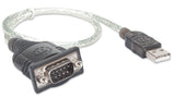 Manhattan USB-A to Serial Converter cable, 45cm, Male to Male, Serial/RS232/COM/DB9, Prolific PL-2303RA Chip, Black/Silver cable, Three Year Warranty, Equivalent to ICUSB232V2