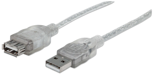 Manhattan USB-A to USB-A Extension Cable, 4.5m, Male to Female, 480 Mbps (USB 2.0), Hi-Speed USB, Translucent Silver, Lifetime Warranty