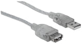 Manhattan USB-A to USB-A Extension Cable, 4.5m, Male to Female, 480 Mbps (USB 2.0), Hi-Speed USB, Translucent Silver, Lifetime Warranty