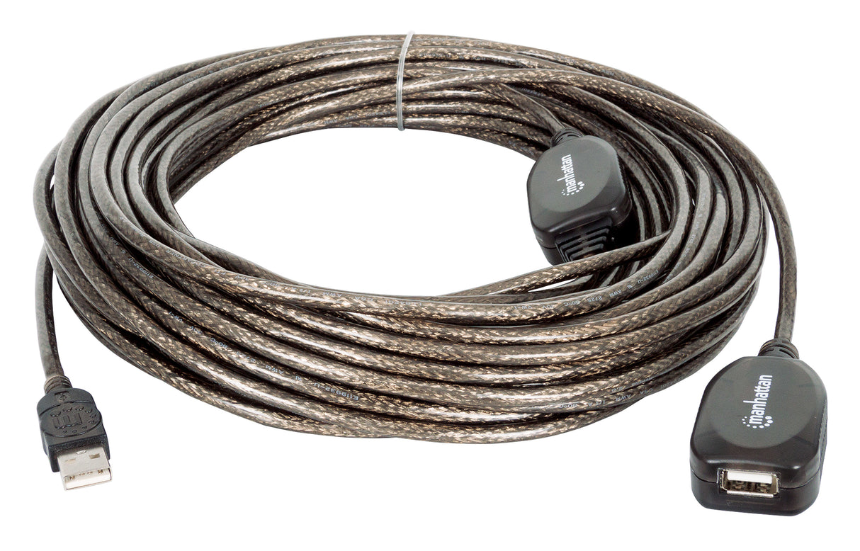 Manhattan USB-A to USB-A Extension Cable, 20m, Male to Female, Active, 480 Mbps (USB 2.0), Daisy-Chainable, Built In Repeater, Hi-Speed USB, Black, Three Year Warranty, Equivalent to USB2AAEXT20M