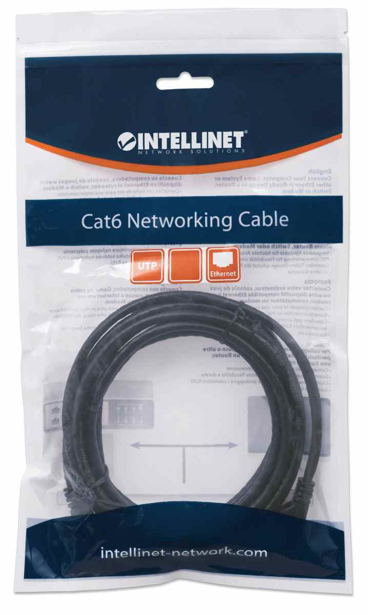 Intellinet Network Patch Cable, Cat6, 2m, Black, CCA, U/UTP, PVC, RJ45, Gold Plated Contacts, Snagless, Booted, Lifetime Warranty