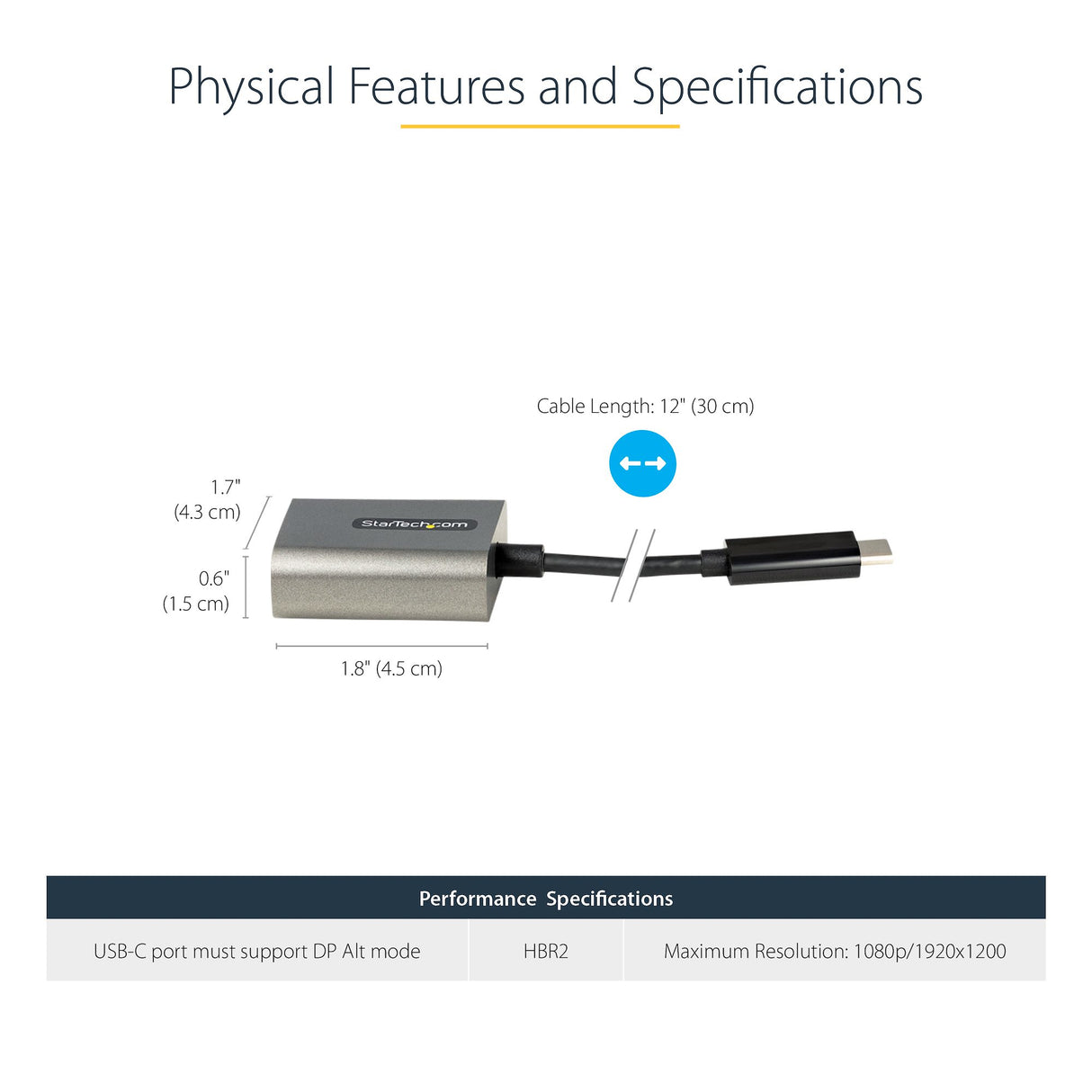 StarTech.com USB C to VGA Adapter - 1080p USB Type-C to VGA Adapter Dongle - USB-C (DP Alt Mode) to VGA Monitor/Display Video Converter - Thunderbolt 3 Compatible - 12" Long Attached Cable - Upgraded Version of CDP2VGA