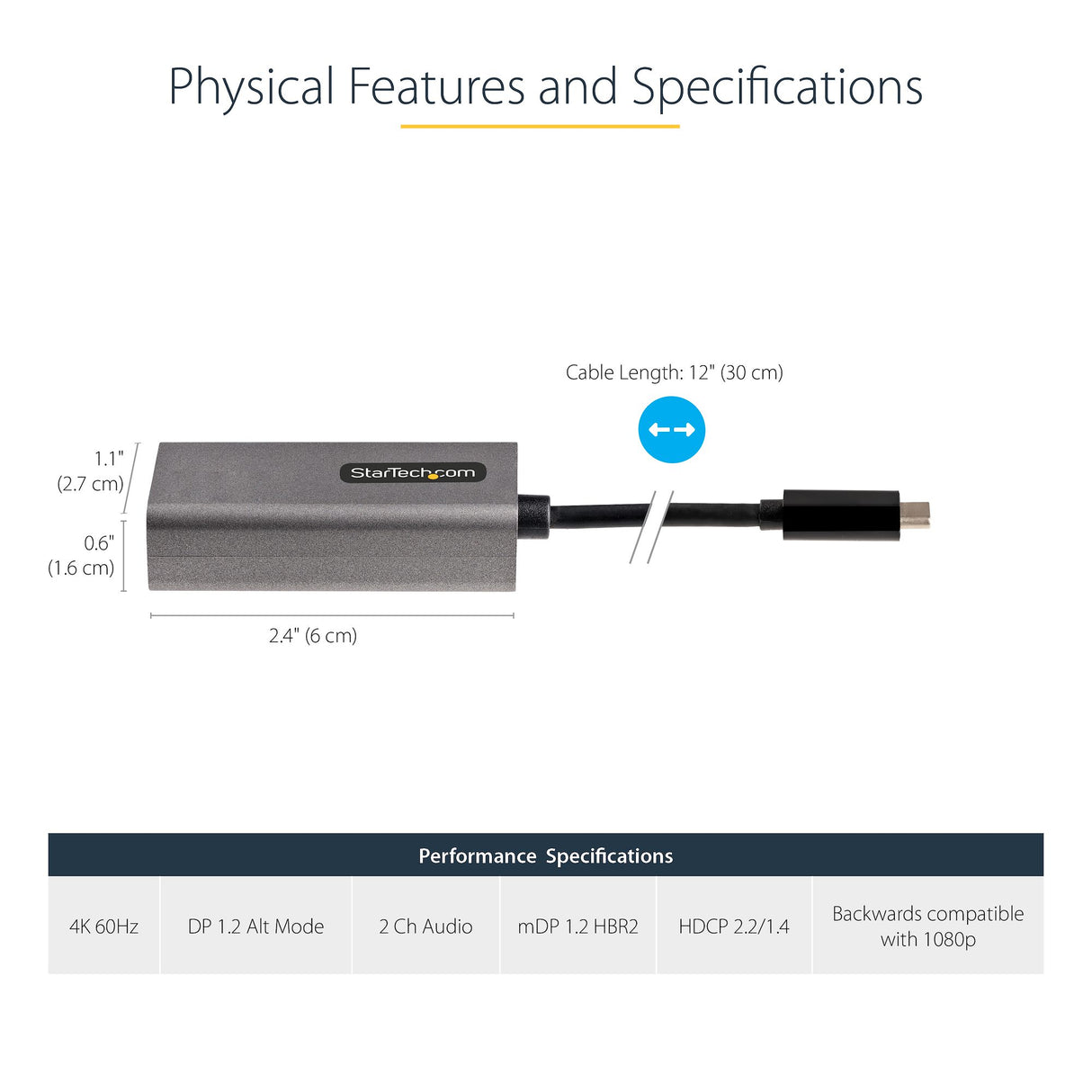 StarTech.com USB C to Mini DisplayPort Adapter - 4K 60Hz USB-C to mDP Adapter Dongle - USB Type-C to Mini DP Monitor - Video Converter - Works w/Thunderbolt 3-12" Long Attached Cable - Upgraded Version of CDP2MDP