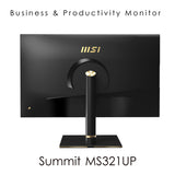 MSI Summit MS321UP 32 Inch Monitor with Adjustable Stand, UHD (3840 x 2160), 16:9, 60Hz, IPS, 4ms, HDMI, DisplayPort, USB Type-C, Built-in USB Hub, Anti-Glare, Anti-Flicker, Less Blue light, VESA, Kensington, Black