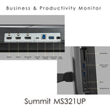 MSI Summit MS321UP 32 Inch Monitor with Adjustable Stand, UHD (3840 x 2160), 16:9, 60Hz, IPS, 4ms, HDMI, DisplayPort, USB Type-C, Built-in USB Hub, Anti-Glare, Anti-Flicker, Less Blue light, VESA, Kensington, Black