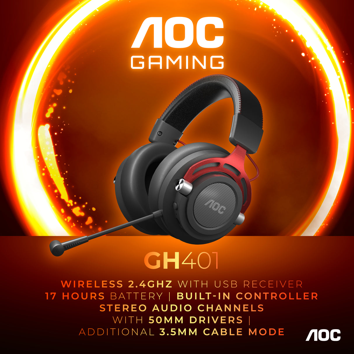AOC GH401 headphones/headset Wired & Wireless Head-band Gaming Black, Red