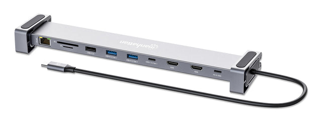 Manhattan USB-C Dock/Hub with Card Reader and MST, Ports (x7): Ethernet, HDMI (x2 4k@60Hz), USB-A (x3) and USB-C, with Power Delivery (PD) 100W- requires external USB-C charger (not included). USB powered (no external power supply required) when PD...