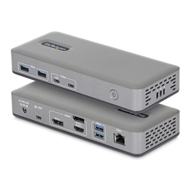 StarTech.com USB-C Docking Station Triple 4K Displays (2x 4K 60Hz, 1x 4K 30Hz), 100W Power Delivery, 6 USB Ports (10Gbps), Gigabit Ethernet, DisplayPort + HDMI, Driverless Windows Laptop Dock
