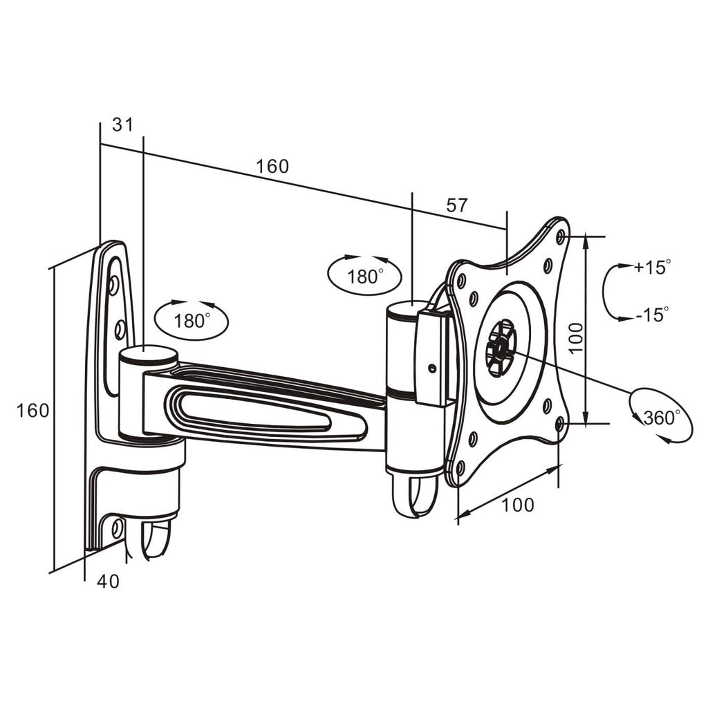 Manhattan Wall Mount for TV & Monitors (Full Motion), For screens 13" to 27", VESA compatibility: 75x75mm and 100x100mm - check the dimensions of the four mounting holes on back of screen to ensure it fits, Max 15kg, Black, Bracket, Lifetime Warranty