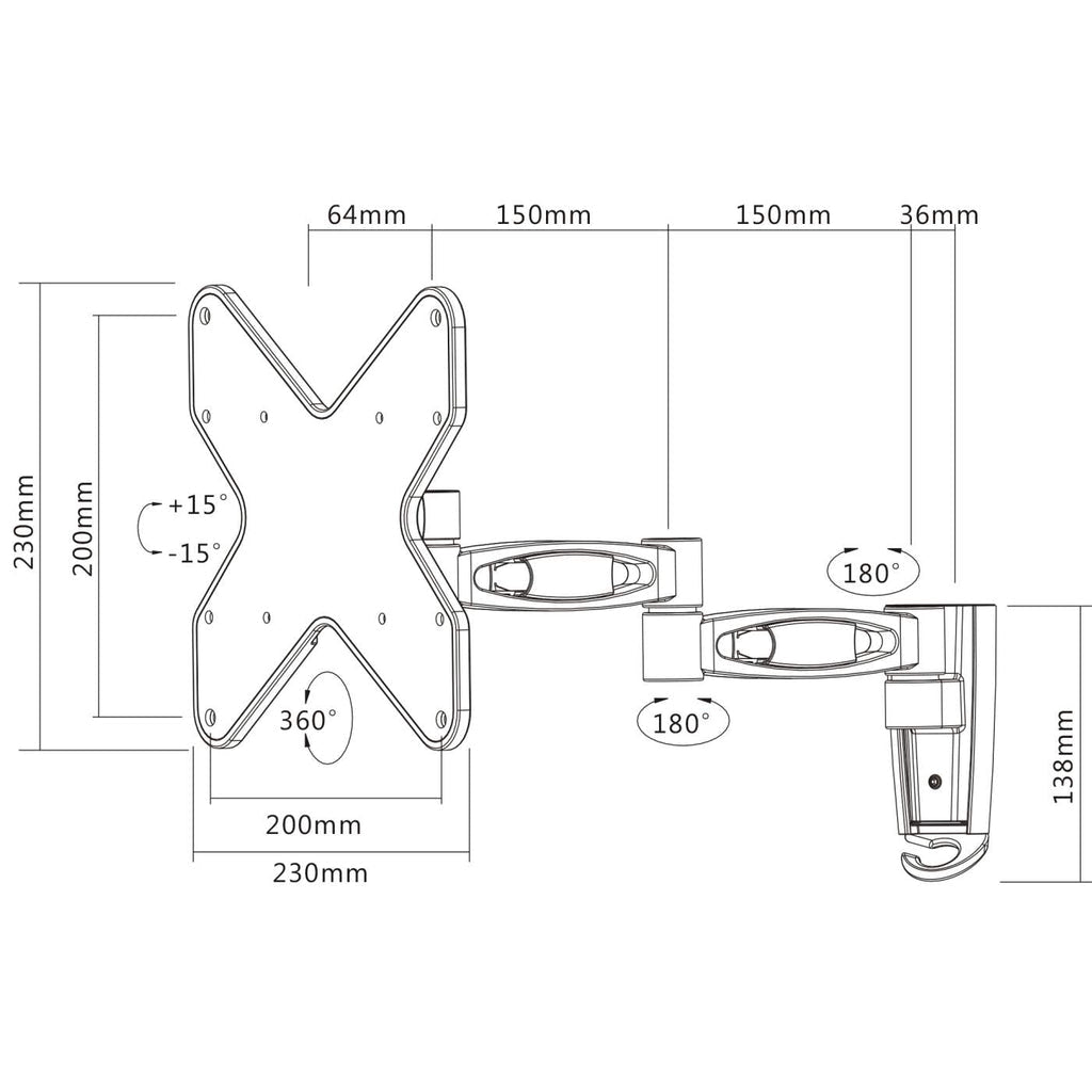 Manhattan TV & Monitor Mount, Wall, Full Motion, 1 screen, Screen Sizes: 23-42", Black, VESA 75x75 to 200x200, Max 20kg, Tilt & Swivel with 3 Pivots, Lifetime Warranty