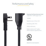 StarTech.com 6ft (2m) Power Extension Cord - 360° Rotating Flat Plug Extension Cord - NEMA 5-15P to NEMA 5-15R, 16 AWG, 125V/13A - Black Short 3-Prong Power Extender Cable