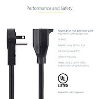 StarTech.com 3ft (1m) Power Extension Cord - 360° Rotating Flat Plug Extension Cord - NEMA 5-15P to NEMA 5-15R, 16 AWG, 125V/13A - Black Short 3-Prong Power Extender Cable