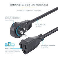 StarTech.com 3ft (1m) Power Extension Cord - 360° Rotating Flat Plug Extension Cord - NEMA 5-15P to NEMA 5-15R, 16 AWG, 125V/13A - Black Short 3-Prong Power Extender Cable