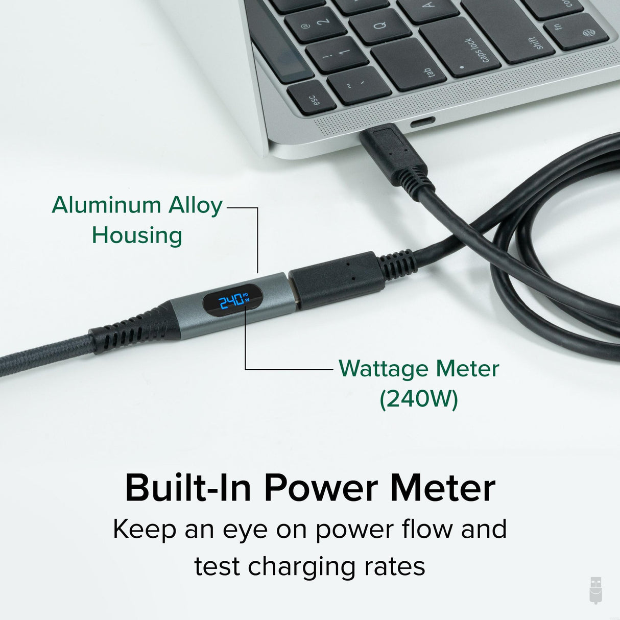 Plugable Technologies USB C Extension Cable 3.3 Ft, Digital Power Meter Tester for Monitoring USB-C Connections, Supports Fast Charging up to 240W, 4K 60Hz Display, 10Gbps Data, Digital Multimeter Tester