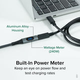Plugable Technologies USB C Extension Cable 3.3 Ft, Digital Power Meter Tester for Monitoring USB-C Connections, Supports Fast Charging up to 240W, 4K 60Hz Display, 10Gbps Data, Digital Multimeter Tester