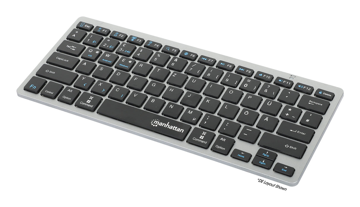Manhattan Ultra Slim Dual-Mode Wireless Keyboard, German Quertz layout, Bluetooth (v3.0) and Wireless (2.4GHz), 78 low profile scissor keys, Auto Power Management, Range 10m, USB-A Micro Receiver, AAA Battery (included), Windows and Mac, Three Year...