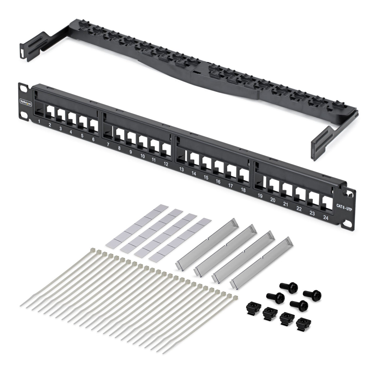 StarTech.com 24 Port 1U Blank Keystone Patch Panel with Cable Management Bar, Rackmount Cat6 Patch Panel for RJ45 UTP Ethernet Network Jacks