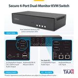 StarTech.com Secure 4-Port Dual-Monitor KVM Switch, DisplayPort, 4K 60Hz, NIAP 4.0 Desktop KVM, CAC, Metal Housing, Made in the USA