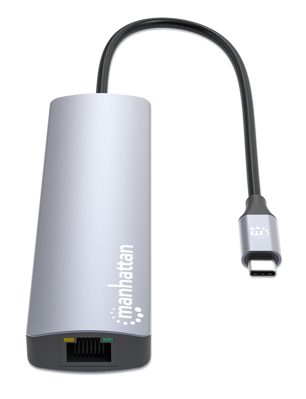 Manhattan USB-C Dock/Hub with Card Reader, Ports (x5): Ethernet, HDMI, USB-A (x2) and USB-C, with Power Delivery (PD) 100W- requires external USB-C charger (not included). USB powered (no external power supply required) when PD is not in use